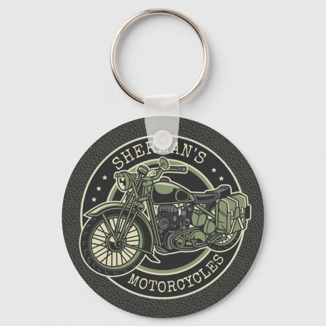 Personalized NAME Retro Military Motorcycle Biker Keychain (Front)