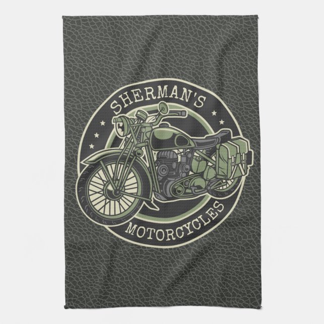 Personalized NAME Retro Military Motorcycle Biker Kitchen Towel (Vertical)
