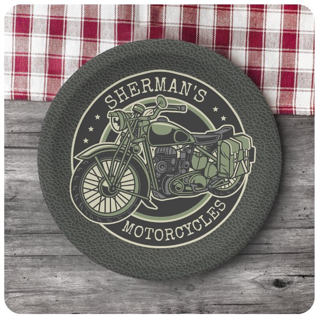 Personalized NAME Retro Military Motorcycle Biker Paper Plate (Creator Uploaded)