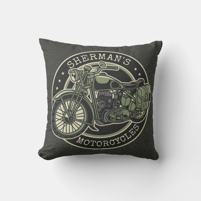 Personalized NAME Retro Military Motorcycle Biker Throw Pillow (Front)