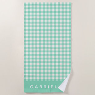 Personalized Name Retro Mint Green Gingham Plaid Beach Towel