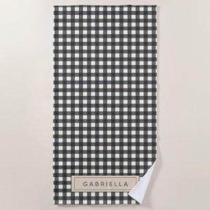 Personalized Name Retro Modern Black Gingham Plaid Beach Towel