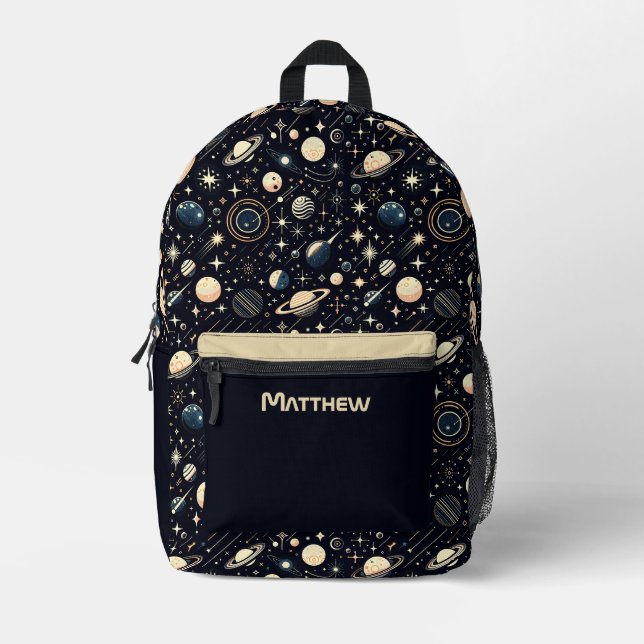 Personalized Name Retro Modern Outer Space Theme Printed Backpack (Front)