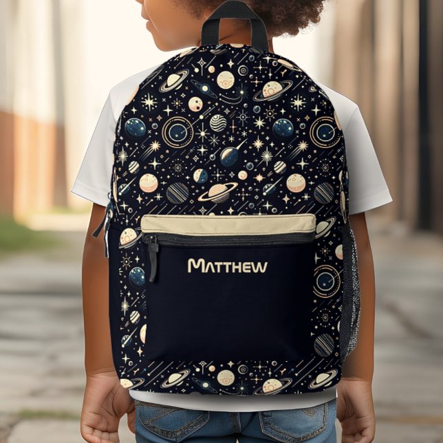 Personalized Name Retro Modern Outer Space Theme Printed Backpack (Creator Uploaded)