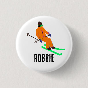  Personalized Name Retro Orange Skier Skiing 1 Inch Round Button