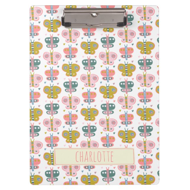 Personalized Name Retro Pink Butterflies Student Clipboard (Front)
