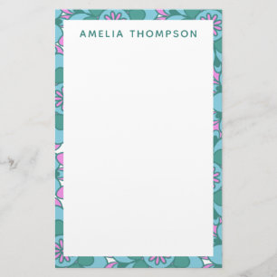 Personalized Name Retro Purple Green Floral  Stationery