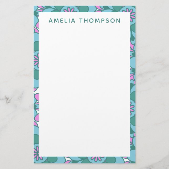 Personalized Name Retro Purple Green Floral  Stationery (Front)