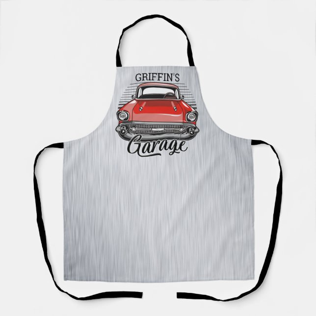Personalized NAME Retro Red Classic Car Garage Apron (Front)