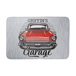 Personalized NAME Retro Red Classic Car Garage Bath Mat