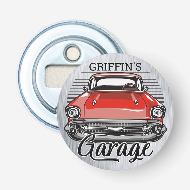 Personalized NAME Retro Red Classic Car Garage Bottle Opener (Front)