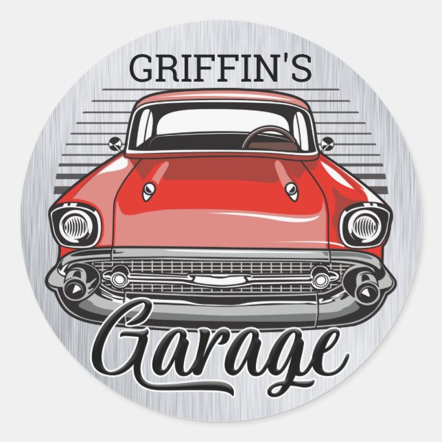 Personalized NAME Retro Red Classic Car Garage Classic Round Sticker (Front)