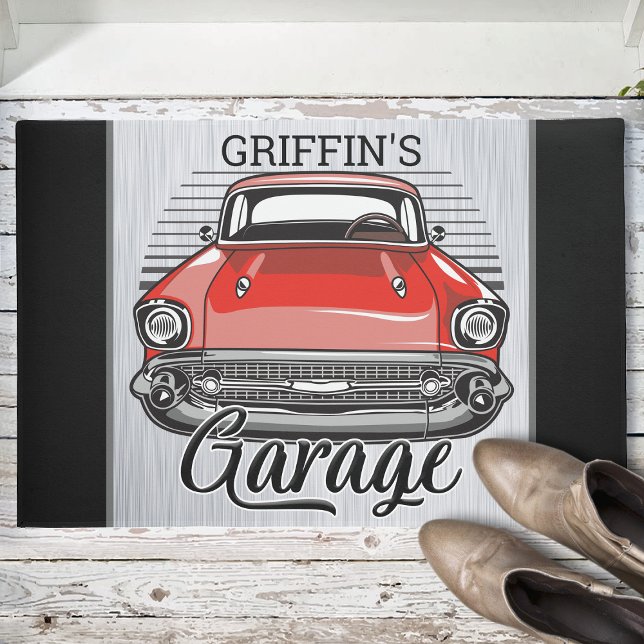 Personalized NAME Retro Red Classic Car Garage Doormat (Creator Uploaded)