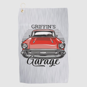Personalized NAME Retro Red Classic Car Garage Golf Towel