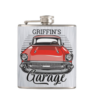 Personalized NAME Retro Red Classic Car Garage Hip Flask