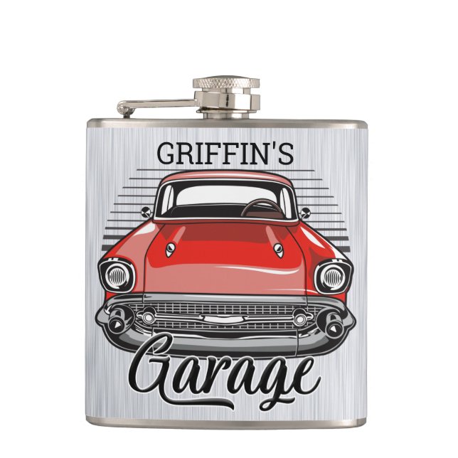 Personalized NAME Retro Red Classic Car Garage Hip Flask (Front)