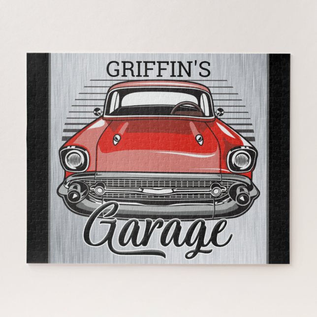 Personalized NAME Retro Red Classic Car Garage Jigsaw Puzzle (Horizontal)