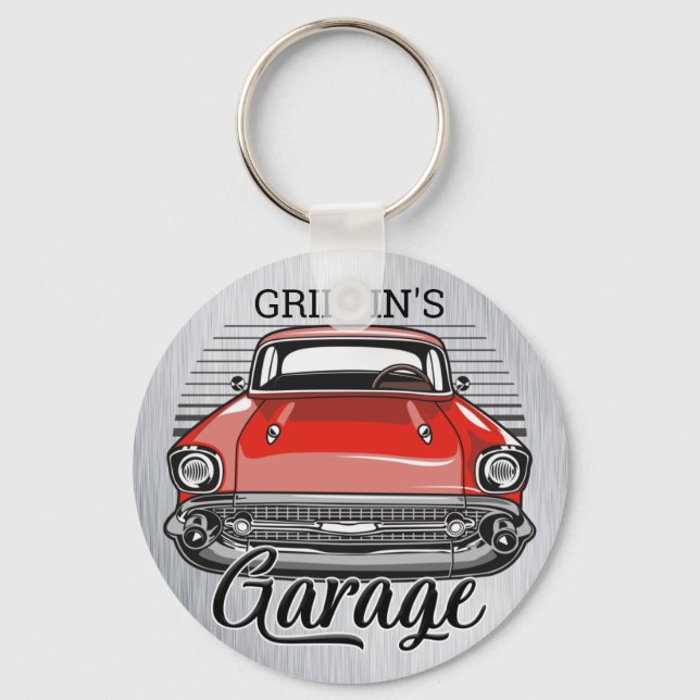 Personalized NAME Retro Red Classic Car Garage Keychain (Front)