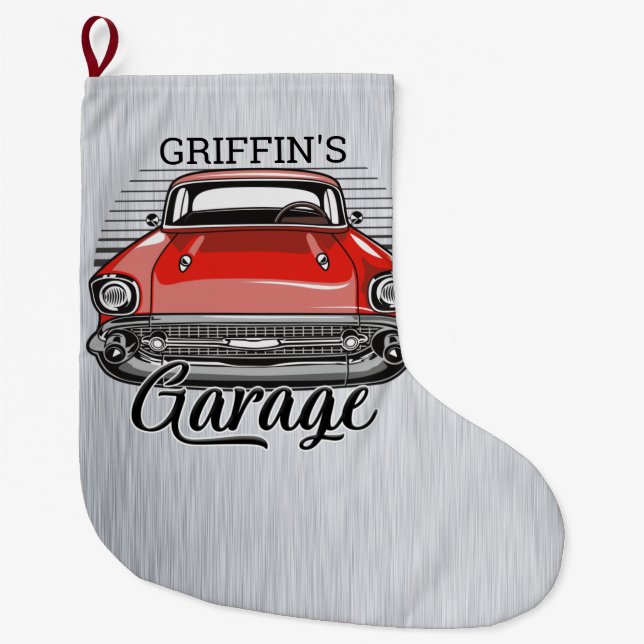 Personalized NAME Retro Red Classic Car Garage Large Christmas Stocking (Front)