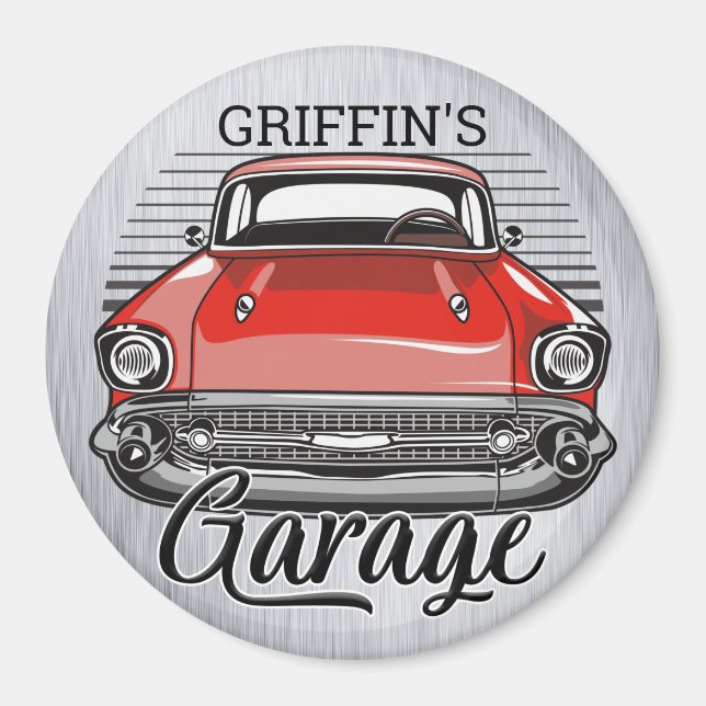 Personalized NAME Retro Red Classic Car Garage Magnet (Front)