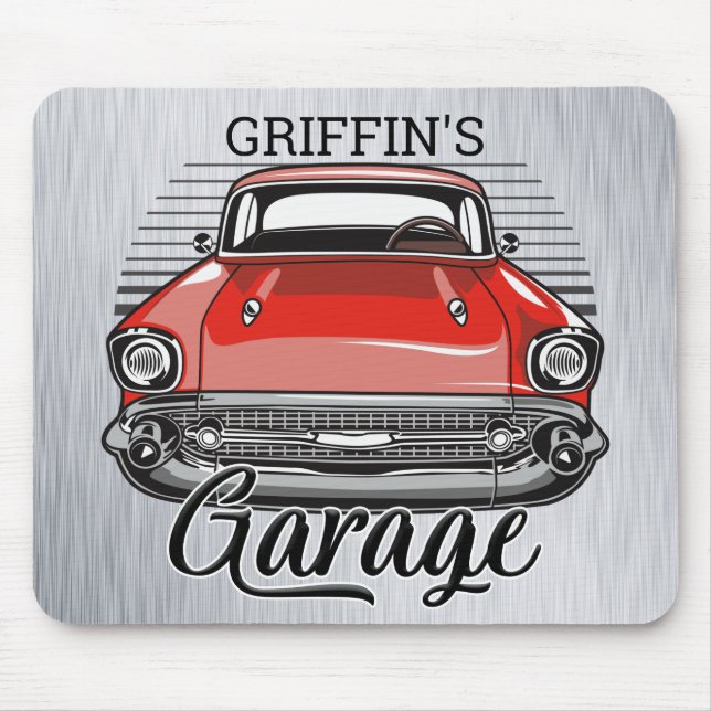 Personalized NAME Retro Red Classic Car Garage Mouse Pad (Front)