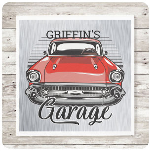 Personalized NAME Retro Red Classic Car Garage Napkin