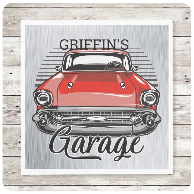 Personalized NAME Retro Red Classic Car Garage Napkin (Creator Uploaded)