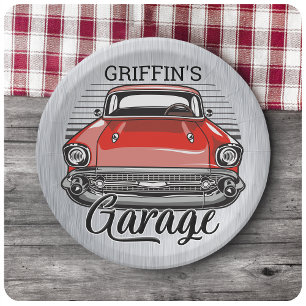 Personalized NAME Retro Red Classic Car Garage Paper Plate