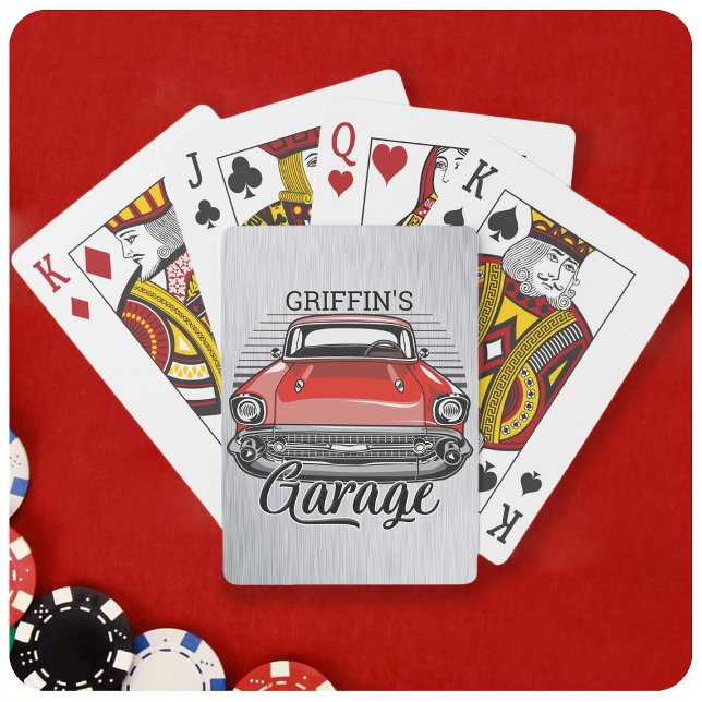 Personalized NAME Retro Red Classic Car Garage Playing Cards (Creator Uploaded)