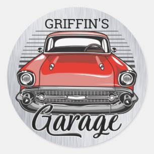 Personalized NAME Retro Red Classic Car Garage Round Sticker