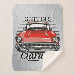 Personalized NAME Retro Red Classic Car Garage Sherpa Blanket