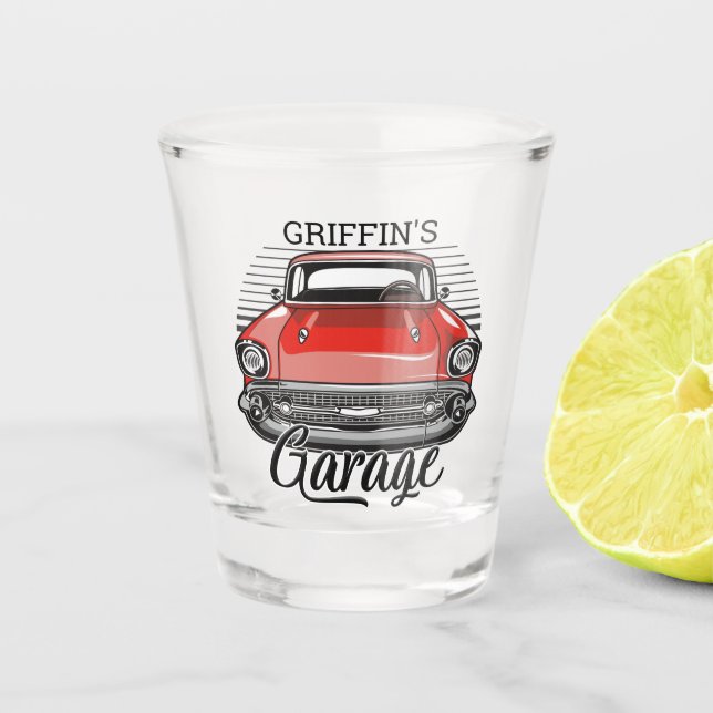 Personalized NAME Retro Red Classic Car Garage Shot Glass (Front)