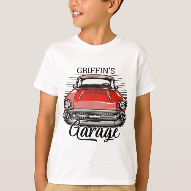 Personalized NAME Retro Red Classic Car Garage T-Shirt (Front)