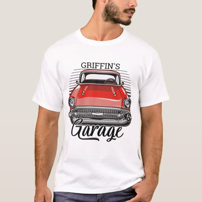 Personalized NAME Retro Red Classic Car Garage T-Shirt (Front)