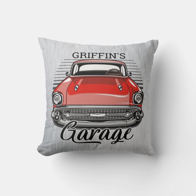 Personalized NAME Retro Red Classic Car Garage Throw Pillow (Front)