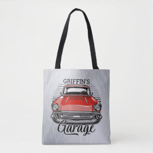Personalized NAME Retro Red Classic Car Garage Tote Bag
