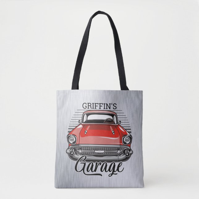 Personalized NAME Retro Red Classic Car Garage Tote Bag (Front)