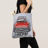 Personalized NAME Retro Red Classic Car Garage Tote Bag (Close Up)
