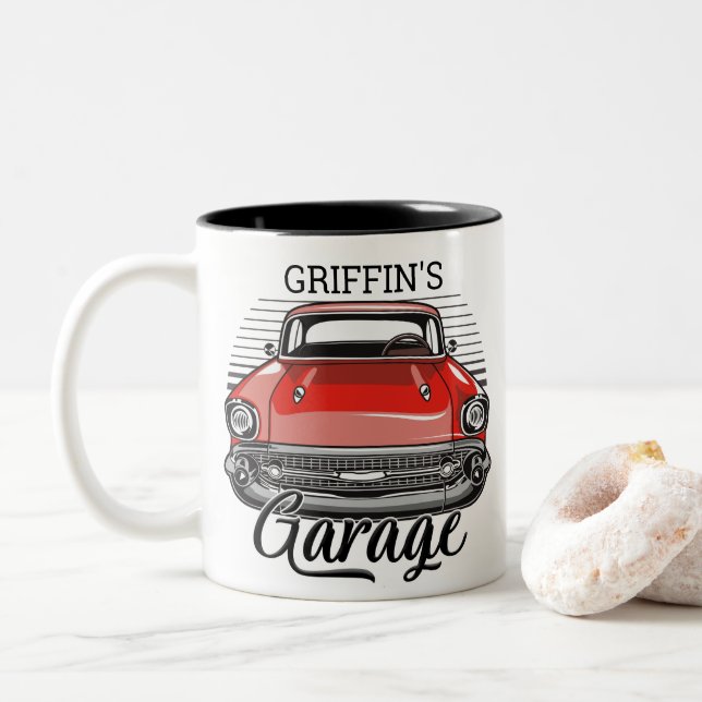 Personalized NAME Retro Red Classic Car Garage Two-Tone Coffee Mug (With Donut)