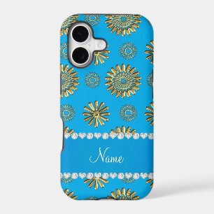 Personalized name retro sky blue gold flowers