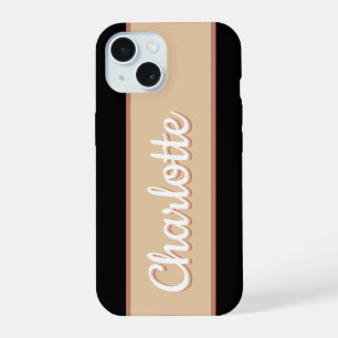 Personalized Name Retro Stripe Beige Black iPhone 15 Case
