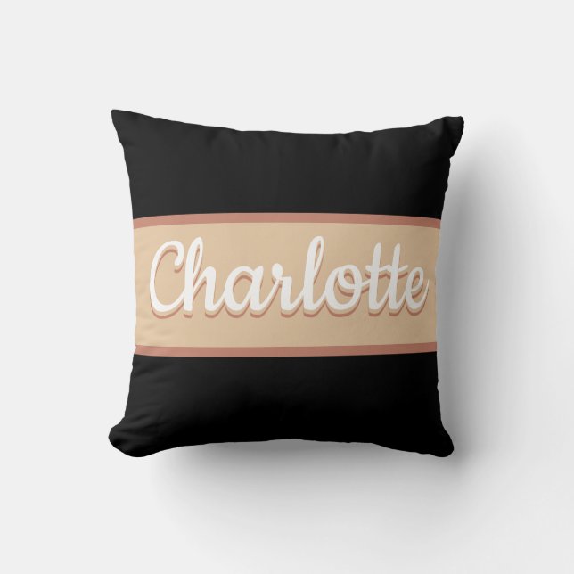 Personalized Name Retro Stripe Beige Black Throw Pillow (Front)