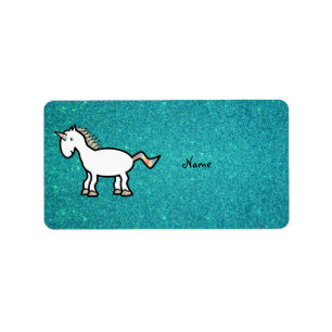Personalized name retro unicorn turquoise glitter label