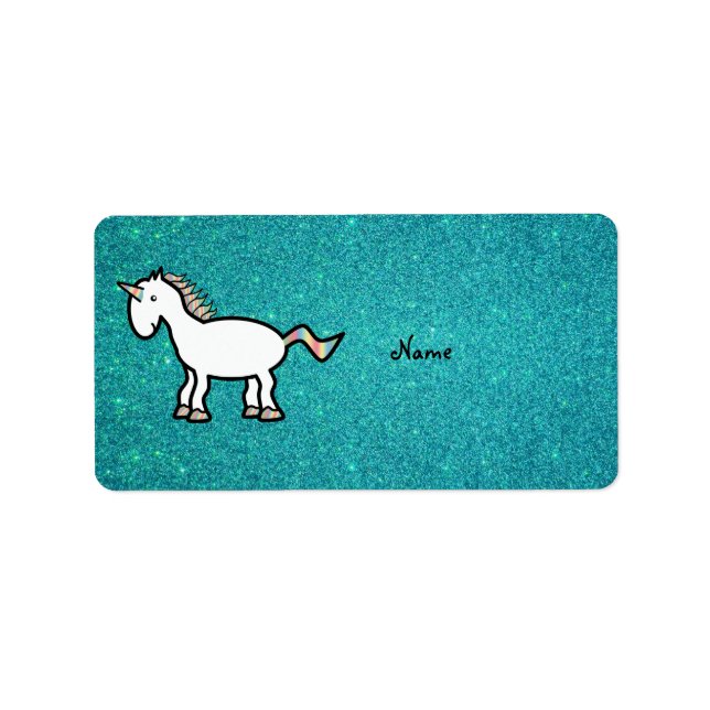 Personalized name retro unicorn turquoise glitter label (Front)