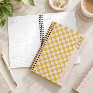 Personalized Name Retro Yellow Preppy Chequerboard Planner