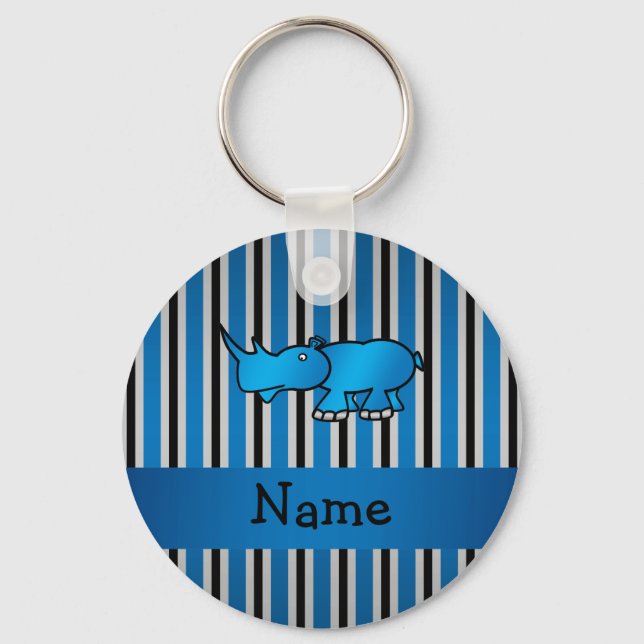 Personalized name rhino blue black stripes keychain (Front)