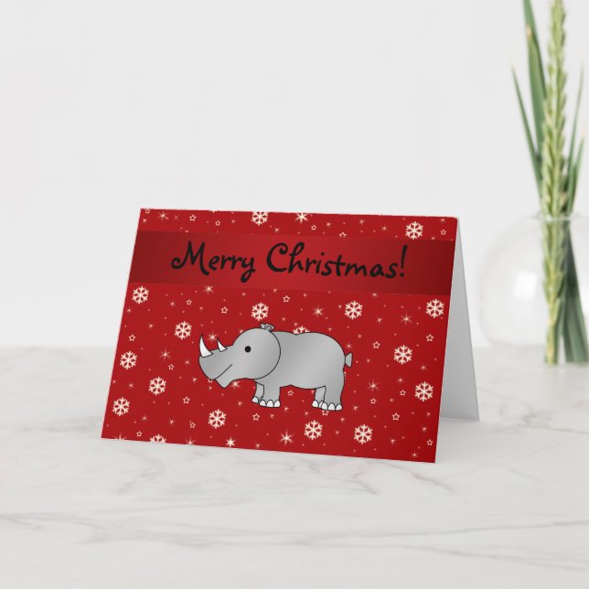 Personalized name rhino red snowflakes holiday card (Front)