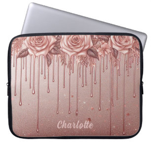 Personalized Name Rose Gold Dripping Glitter Laptop Sleeve