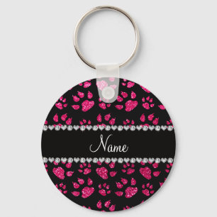 Personalized name rose pink glitter cat paws keychain