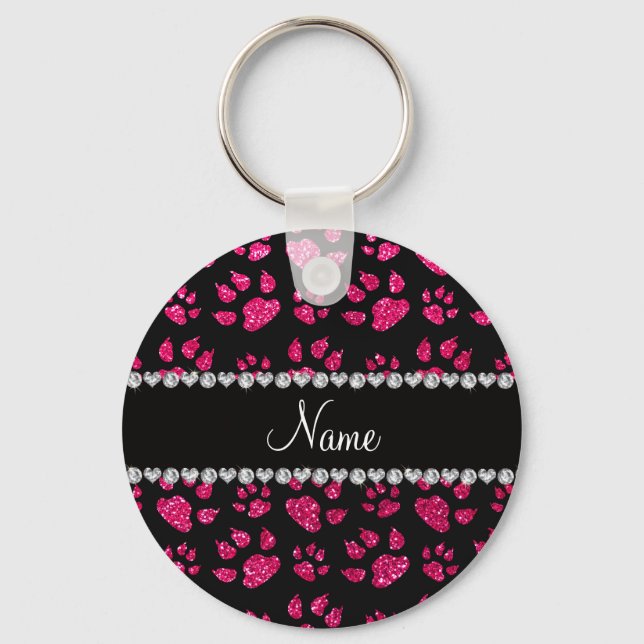 Personalized name rose pink glitter cat paws keychain (Front)